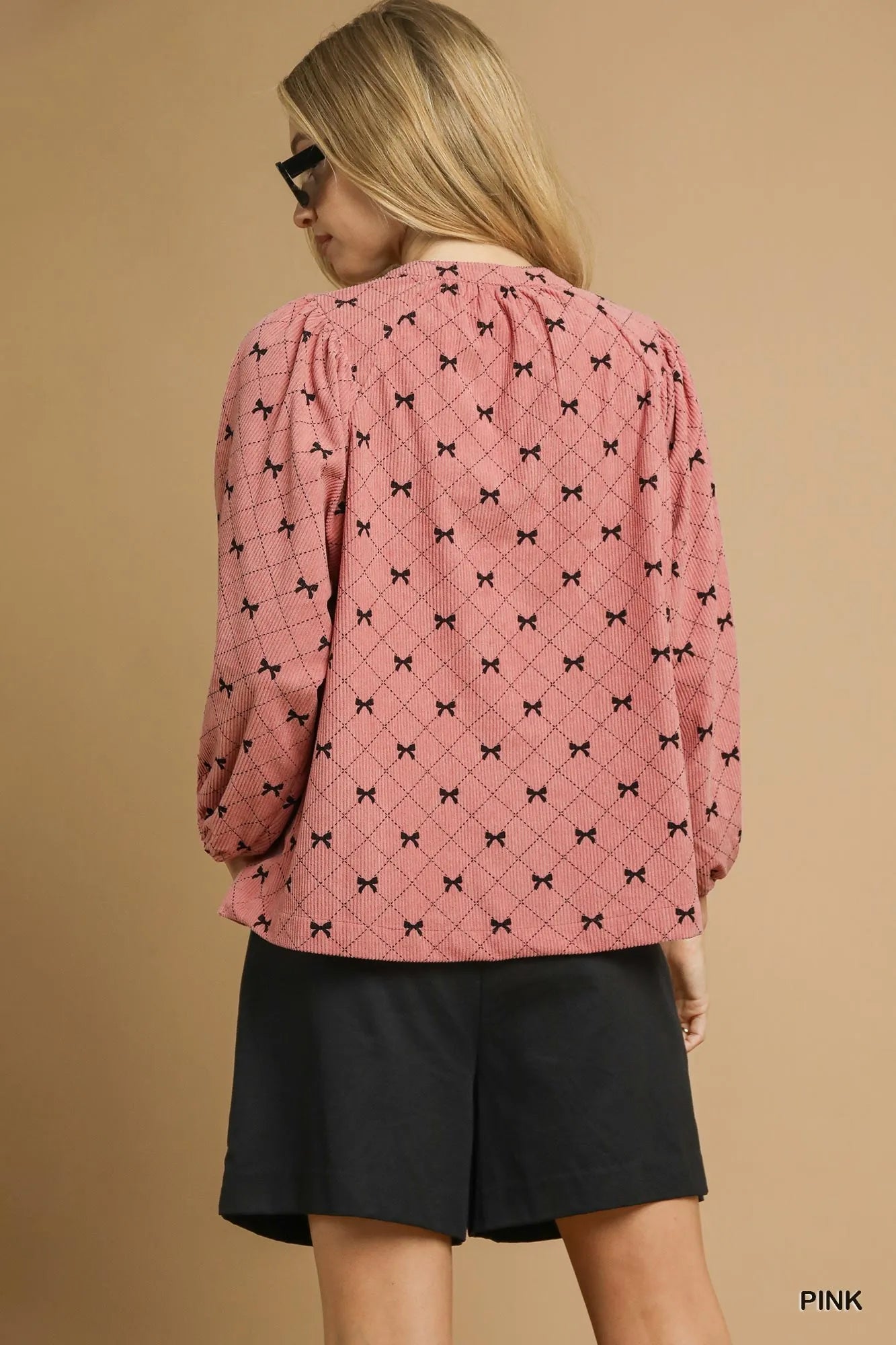 Umgee Corduroy Bow Print Balloon Sleeve Blouse - steven wick