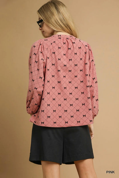 Umgee Corduroy Bow Print Balloon Sleeve Blouse - steven wick