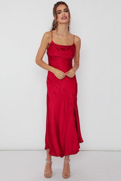 Fire Red Satin Side Slit Midi Dress