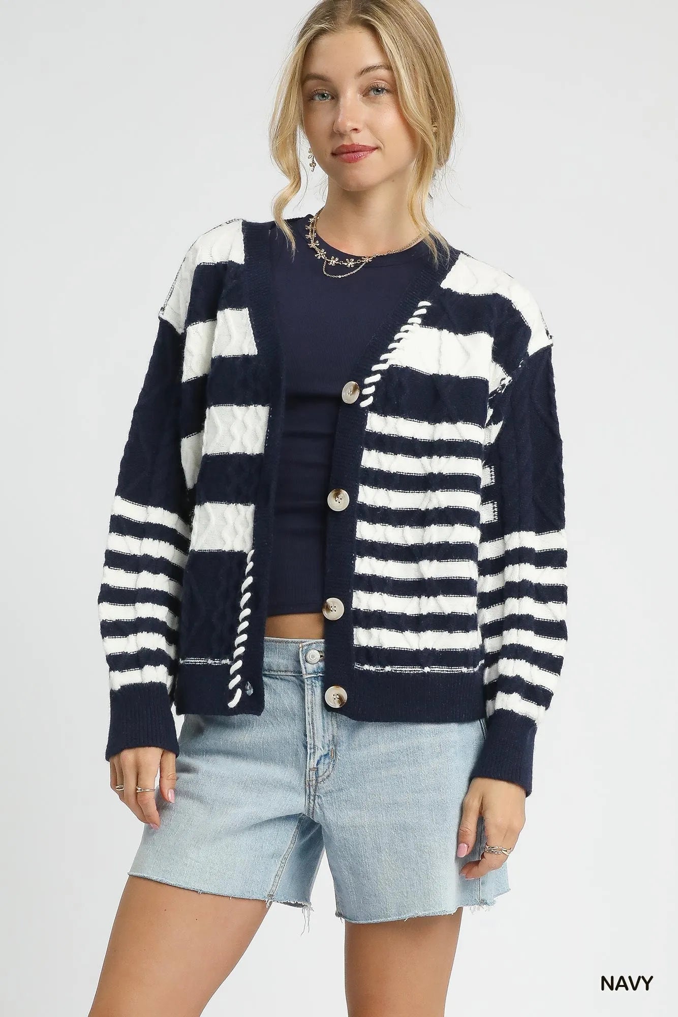 Stripe Button-Up Cable-Knit Cardigan - steven wick