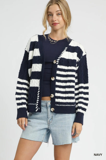 Stripe Button-Up Cable-Knit Cardigan - steven wick