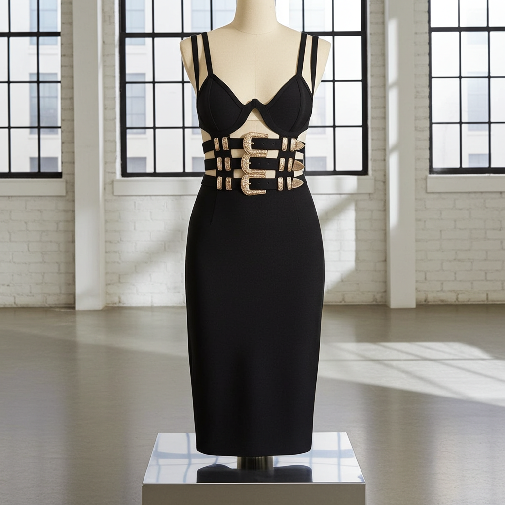 Anne Turner Black Bandage Belted Dress
