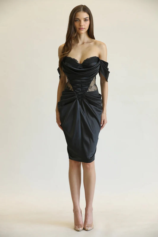 Silk Black Pleated Draped Dress - steven wick