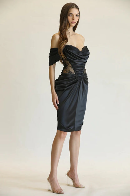Silk Black Pleated Draped Dress - steven wick