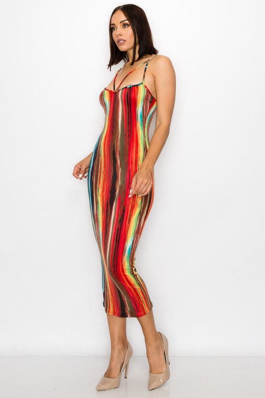 Stripped Print Fabric Sleeveless Bodycon Midi Dress - steven wick