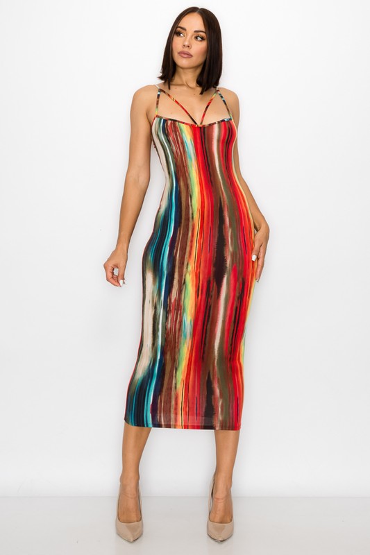 Stripped Print Fabric Sleeveless Bodycon Midi Dress - steven wick