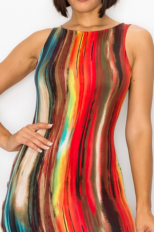 Painted Print Sleeveless Bodycon Maxi Dress with Side Slit - steven wick