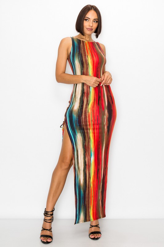 Painted Print Sleeveless Bodycon Maxi Dress with Side Slit - steven wick