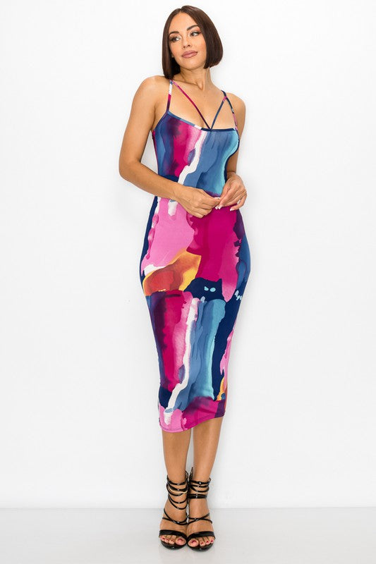 Painted Print Sleeveless Bodycon Midi Dress - steven wick