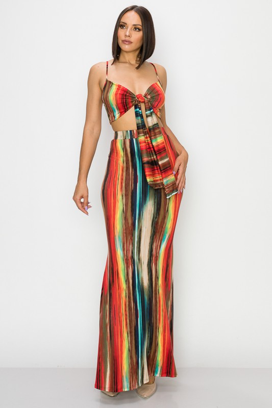 Painted Crop Top Front Tie &amp; Matching Bell Maxi Skirt - steven wick