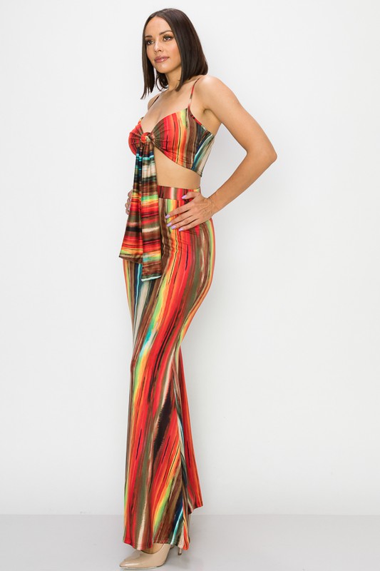Sleeveless Crop Top Front Tie And Matching Bell Bottom Pants - steven wick