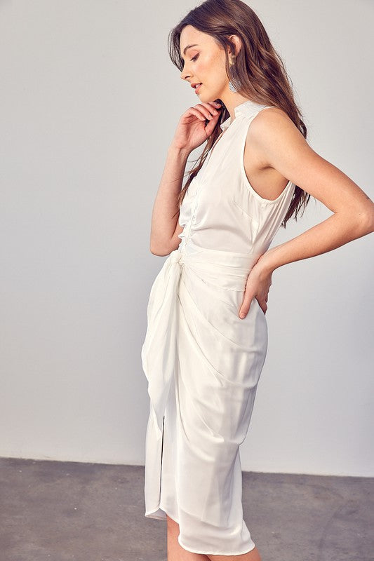 Off White Sleeveless Collar Front Tie Dress - steven wick