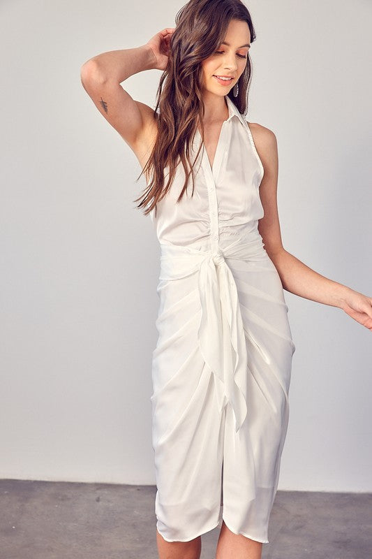 Off White Sleeveless Collar Front Tie Dress - steven wick