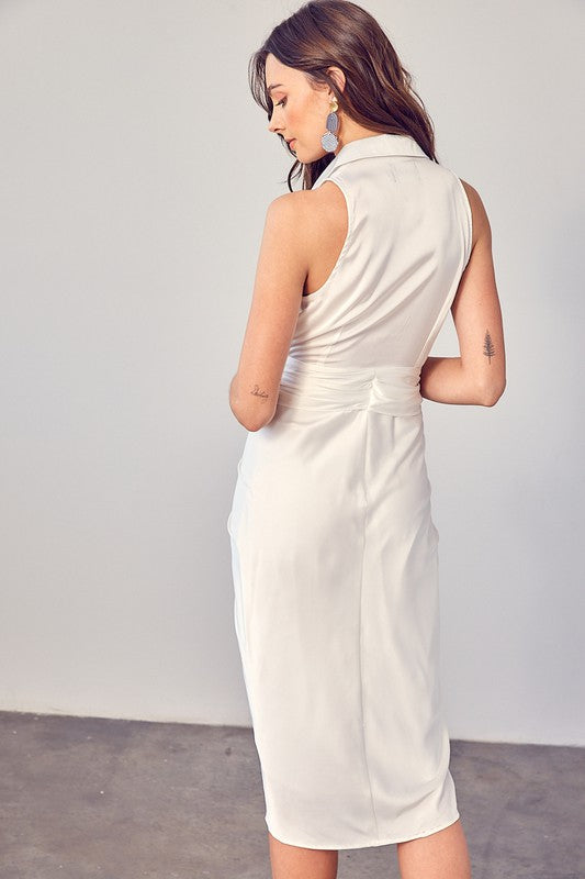 Off White Sleeveless Collar Front Tie Dress - steven wick