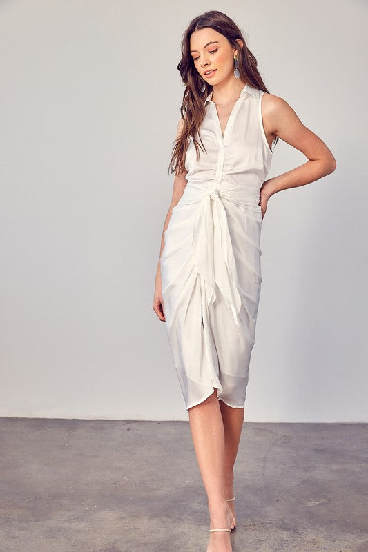 Off White Sleeveless Collar Front Tie Dress - steven wick