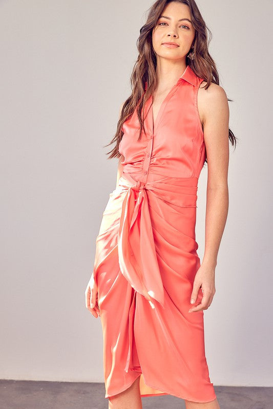 Coral Peach Sleeveless Collar Front Tie Dress - steven wick