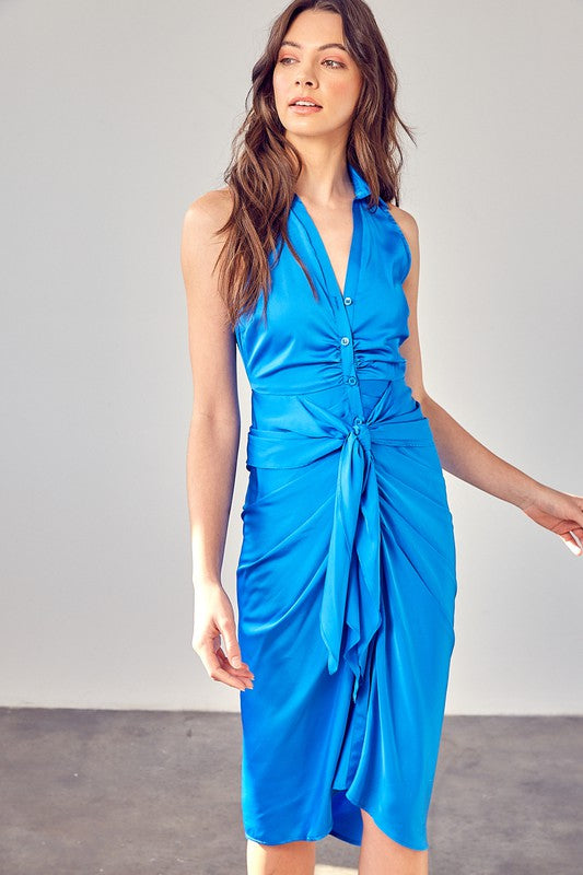 Maldive Blue Sleeveless Collar Front Tie Dress - steven wick