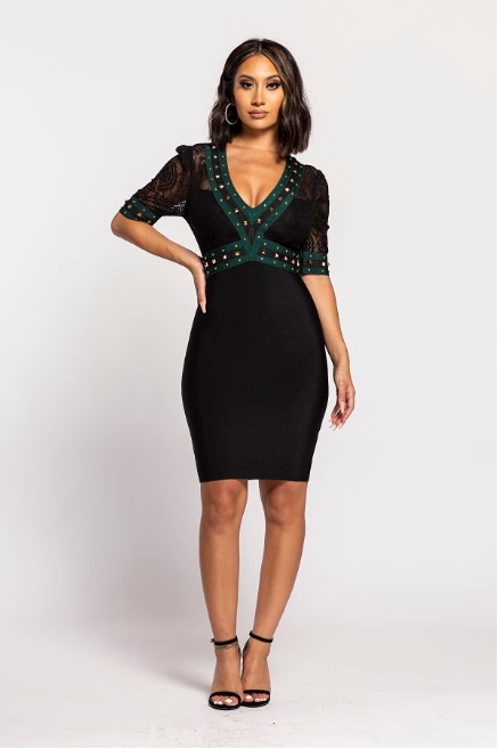 Black Half Sleeve V-Neck Lace 2-Fer Dress - steven wick