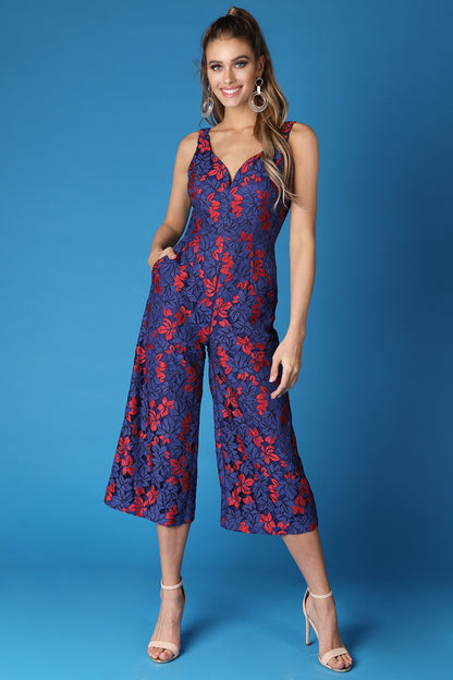 Blue Sleeveless Two Tone Lace Cropped Jumpsuit - steven wick