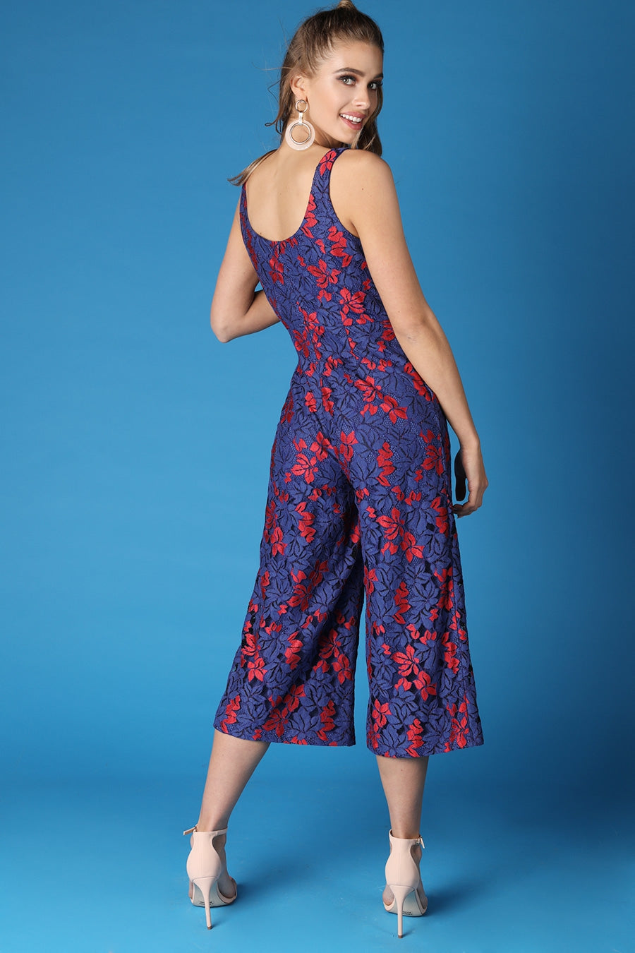 Blue Sleeveless Two Tone Lace Cropped Jumpsuit - steven wick