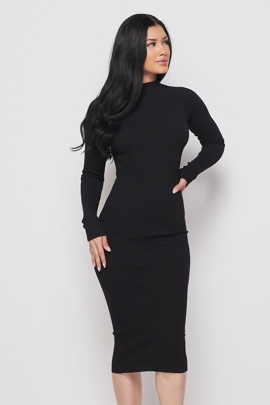 Black Long Sleeve Mock Neck Midi Knit Dress - steven wick