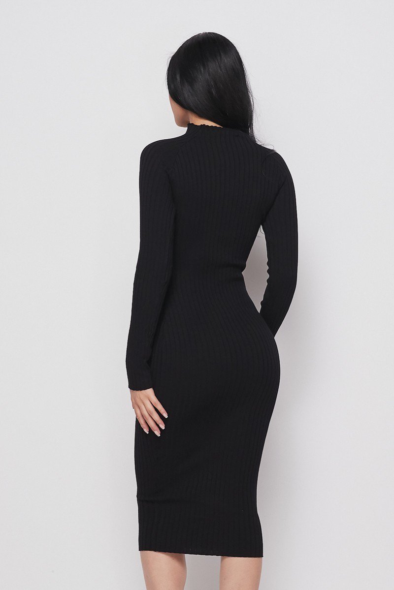 Black Long Sleeve Mock Neck Midi Knit Dress - steven wick