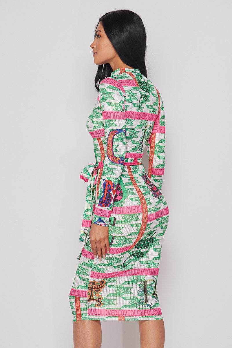 Multi Green Long Sleeve Print Dress With Front Zipper - steven wick