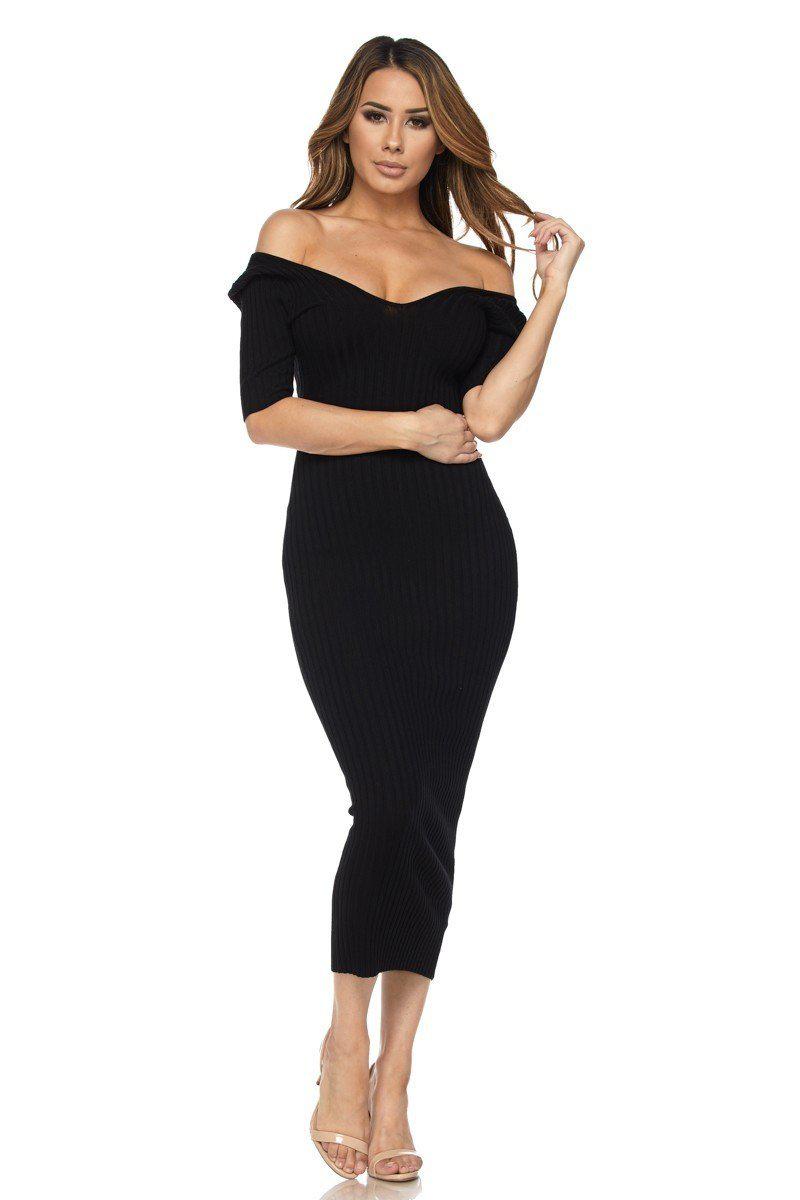 Black Half Sleeve Off Shoulder Ribbed Midi Dress - steven wick