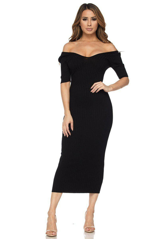 Black Half Sleeve Off Shoulder Ribbed Midi Dress - steven wick