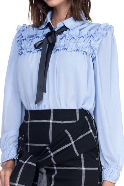 Off Blue Ruffle Bow Tie Blouse - steven wick