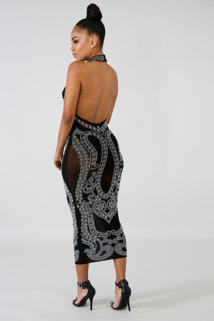 Black Iridescent Rhinestone Studded Midi Dress - steven wick