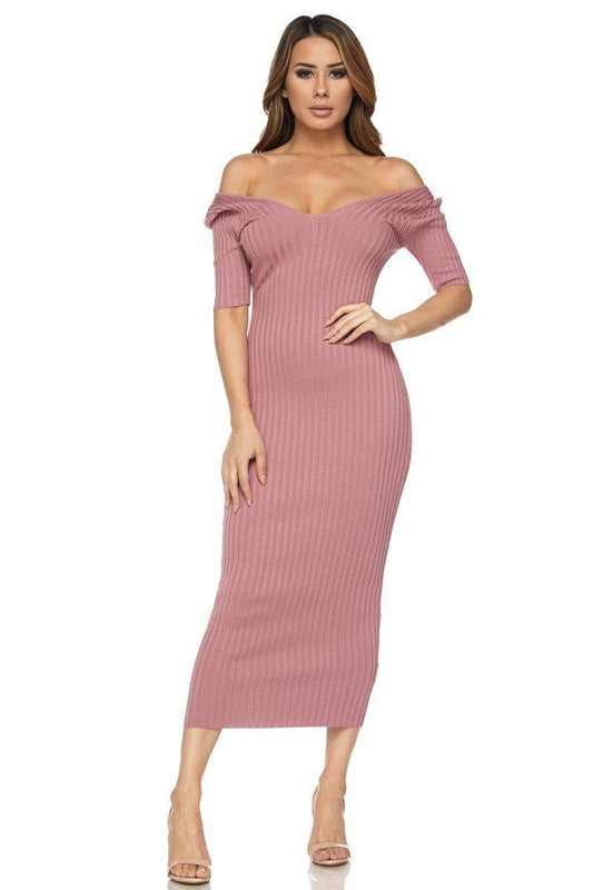 Mauve Half Sleeve Off Shoulder Ribbed Midi Dress - steven wick