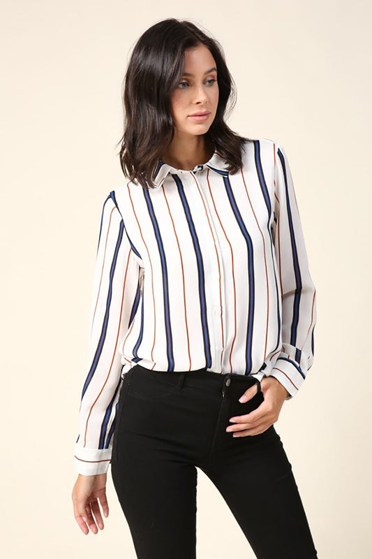 Stripe Cream &amp; Navy Long Sleeve Button Down Shirt - steven wick