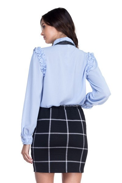 Off Blue Ruffle Bow Tie Blouse - steven wick