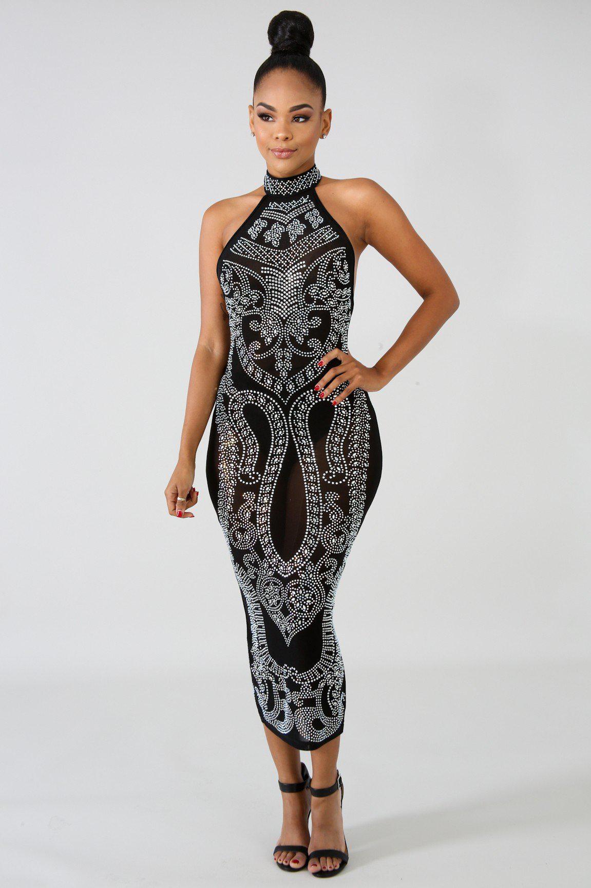 Black Iridescent Rhinestone Studded Midi Dress - steven wick
