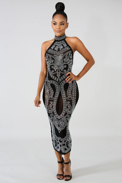 Black Iridescent Rhinestone Studded Midi Dress - steven wick