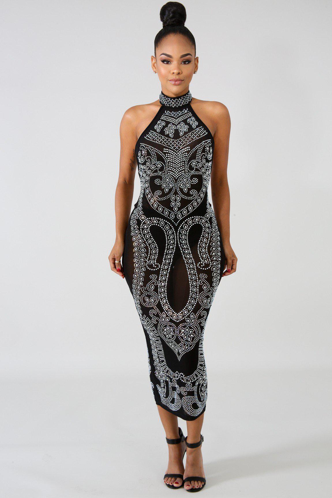 Black Iridescent Rhinestone Studded Midi Dress - steven wick