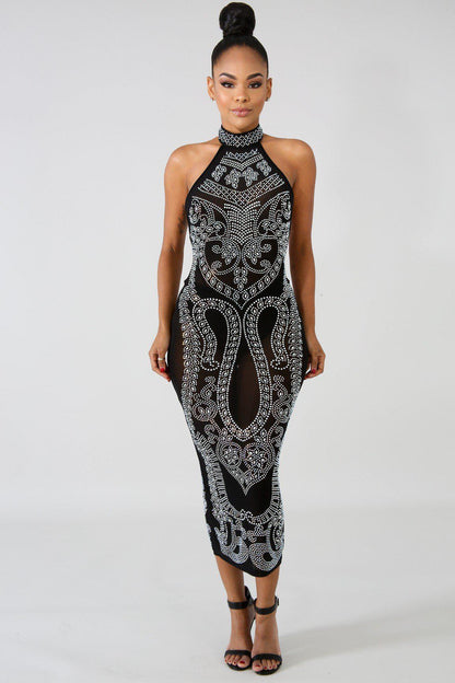 Black Iridescent Rhinestone Studded Midi Dress - steven wick