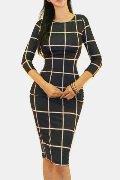 Lindsey Quarter Sleeve Plaid Bodycon Dress - steven wick