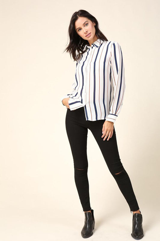 Stripe Cream &amp; Navy Long Sleeve Button Down Shirt - steven wick
