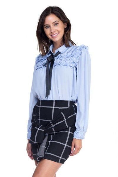 Off Blue Ruffle Bow Tie Blouse - steven wick