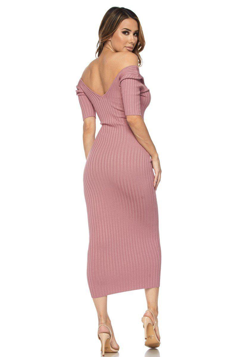 Mauve Half Sleeve Off Shoulder Ribbed Midi Dress - steven wick