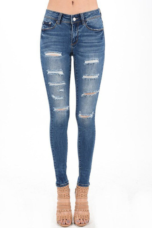 Distressed Low Rise Dark Blue Skinny Jeans - steven wick