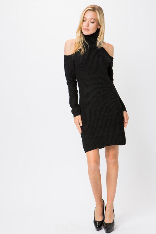 Black Ribbed Knit Turtleneck Long Sleeve Sweater Dress - steven wick