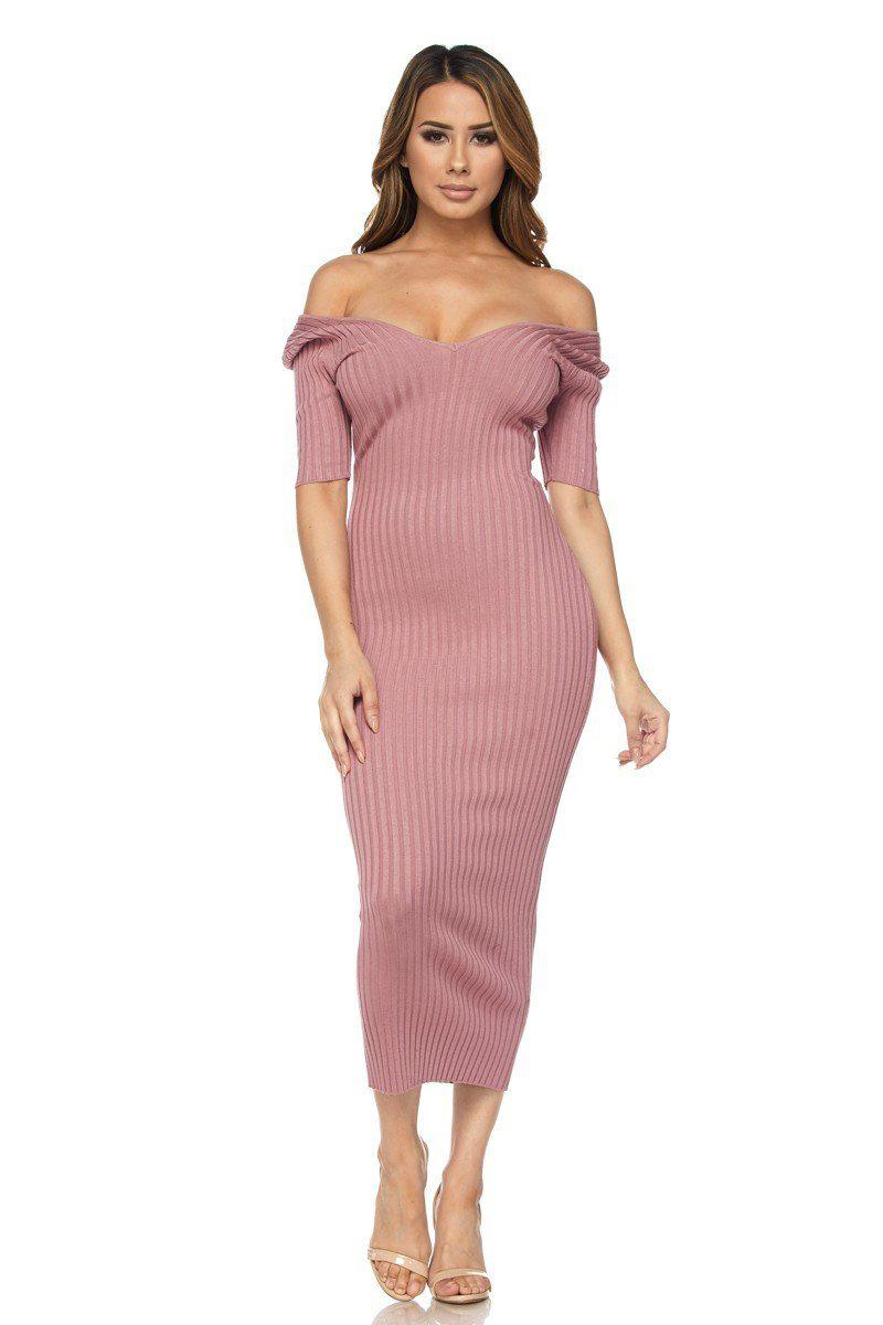 Mauve Half Sleeve Off Shoulder Ribbed Midi Dress - steven wick