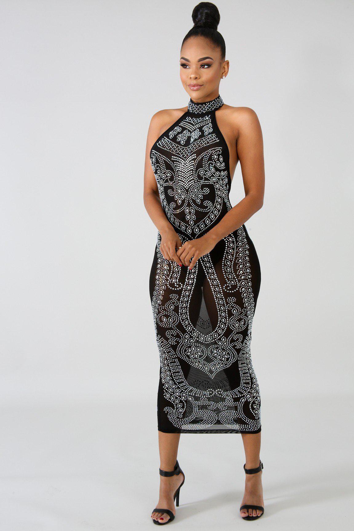 Black Iridescent Rhinestone Studded Midi Dress - steven wick