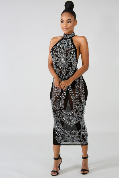 Black Iridescent Rhinestone Studded Midi Dress - steven wick