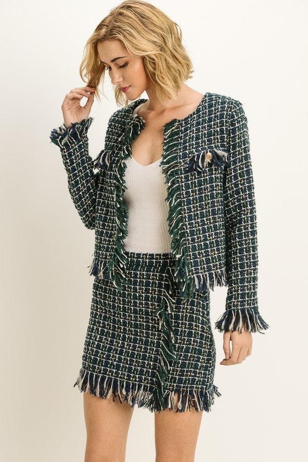 Women's Fringed Tweed Green Jacket - steven wick