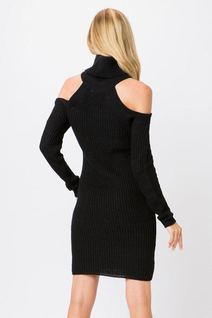 Black Ribbed Knit Turtleneck Long Sleeve Sweater Dress - steven wick