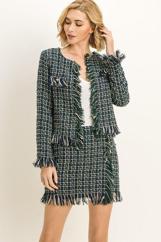 Women's Fringed Tweed Green Jacket - steven wick